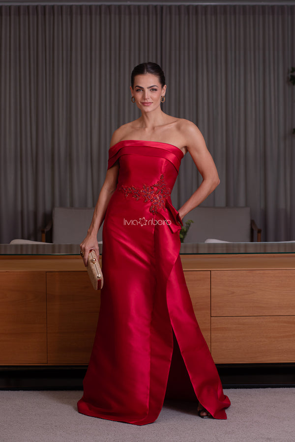 Vestido zibeline um ombro com babado e bordado