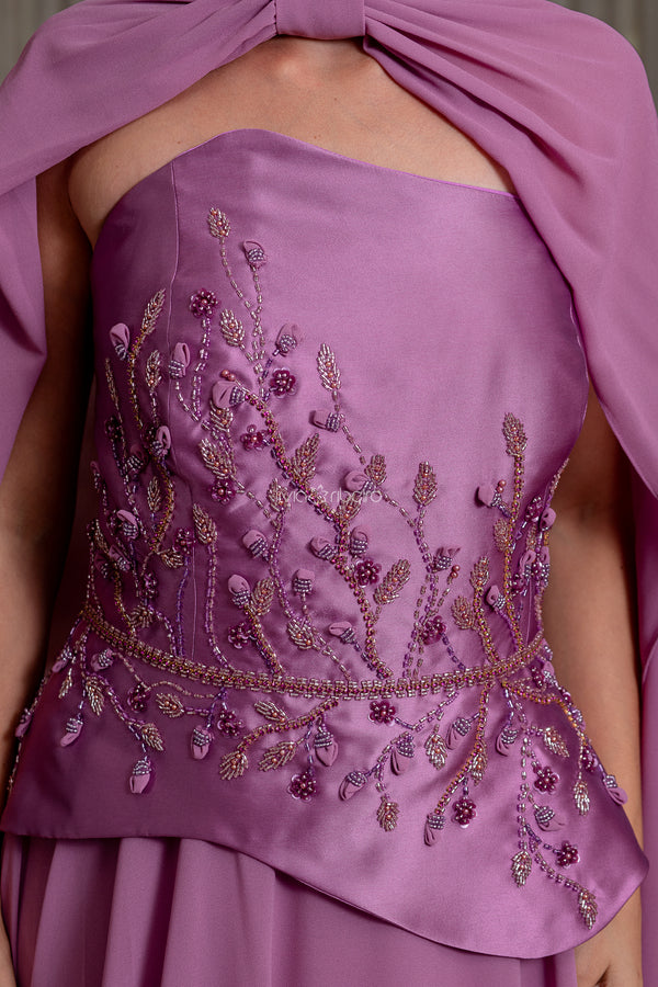 Vestido corset corpo em zibeline e saia em crepe de seda
