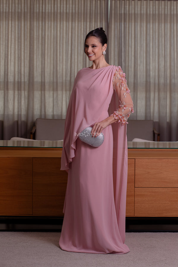 Vestido Rosé  longo com capa e manga em tule  7/8 com bordado  | Lívia Ribeiro