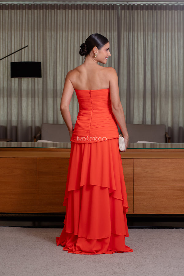 Vestido longo tomara que caia em crepe de seda cintura baixa com bordado e saia fluida | Lívia Ribeiro