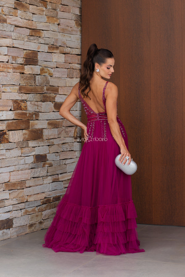 Vestido em tule francês com busto bordado e babados na barra | Lívia Ribeiro