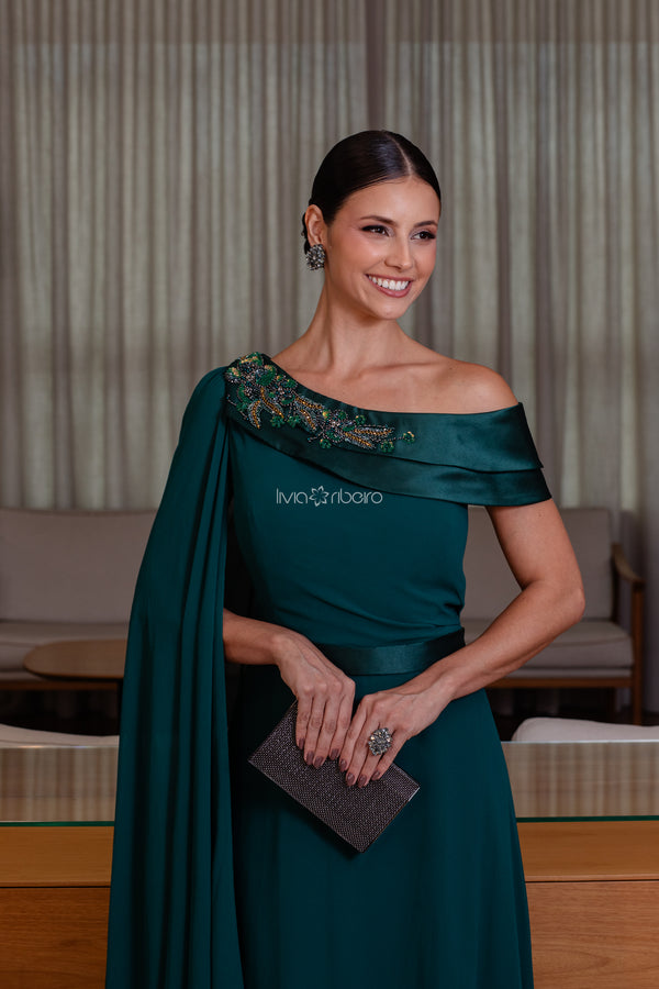 Vestido longo um ombro em crepe de seda com detalhe em zibeline e bordado | Lívia Ribeiro