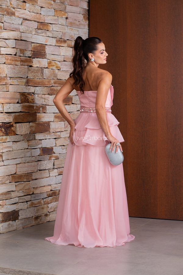 Vestido tomara que caia em organza com cinto bordado