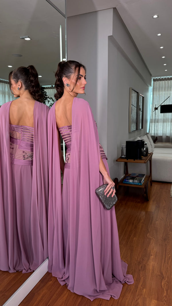 Vestido um ombro  corpo fitado com bordado e capa  | Lívia Ribeiro