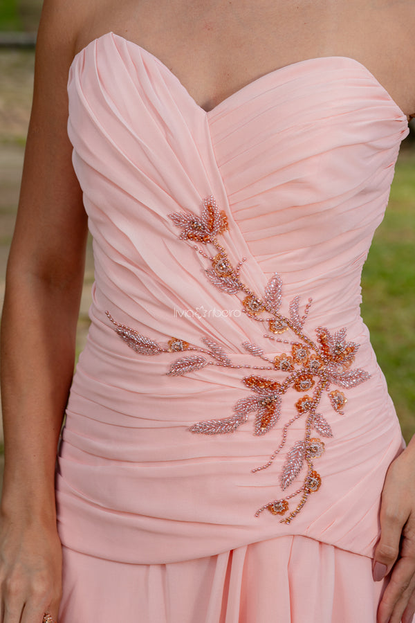 Vestido longo tomara que caia em crepe de seda cintura baixa com bordado e saia fluida | Lívia Ribeiro