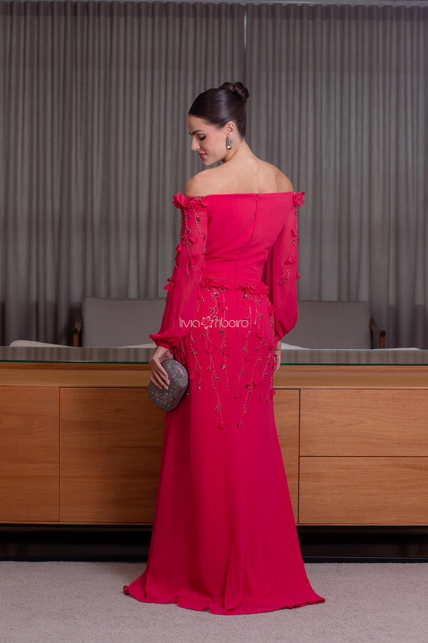 Vestido longo ombro a ombro  amarelo com bordado em pétalas e pedraria