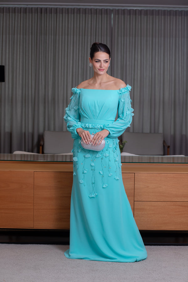 Vestido ombro a ombro com aplicações em flores e bordado