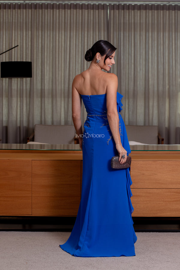 Vestido tomara que caia em crepe com bordado e jabour