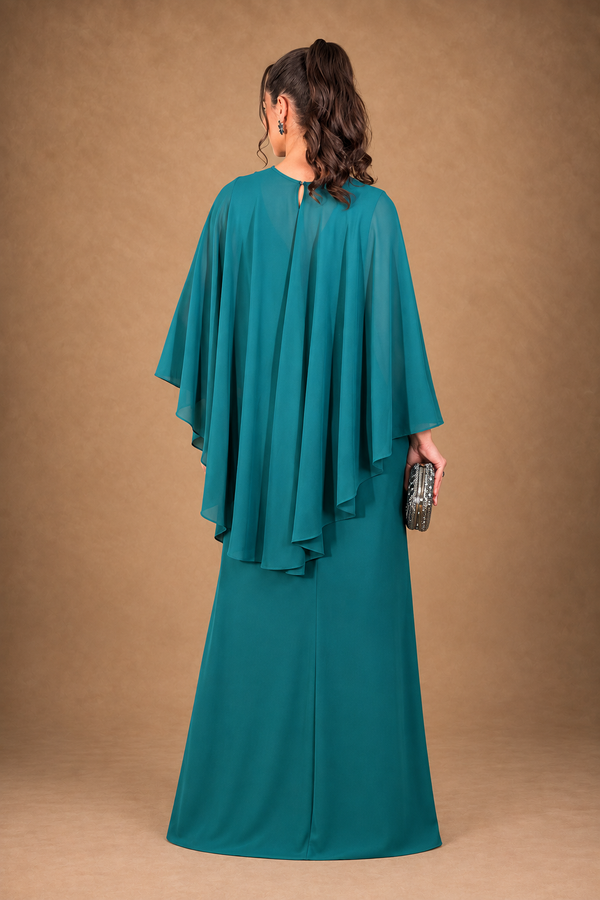 Vestido verde petróleo em crepe com toque de seda com gola canoa e cinto na cintura