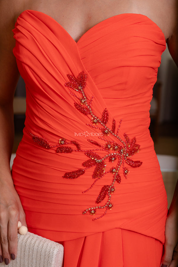 Vestido longo tomara que caia em crepe de seda cintura baixa com bordado e saia fluida | Lívia Ribeiro