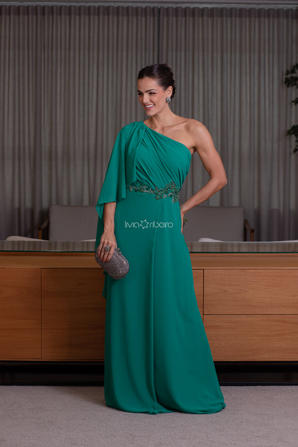 Vestido em crepe de seda estilo grego com capa bordado cintura