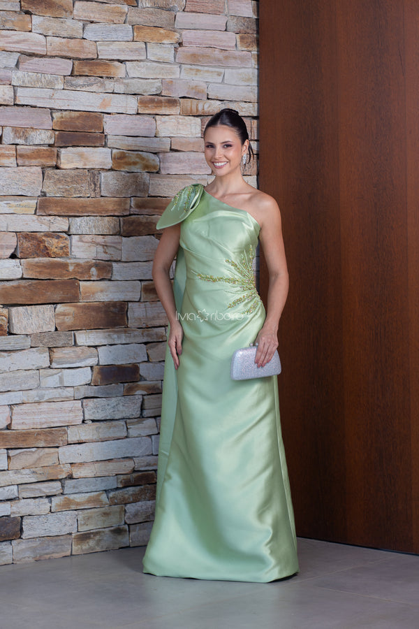 Vestido em alfaiataria um ombro só com detalhe em laço bordado