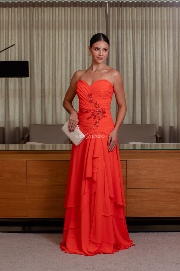 Vestido longo tomara que caia em crepe de seda cintura baixa com bordado e saia fluida | Lívia Ribeiro