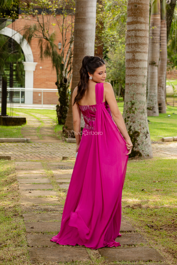 Vestido um ombro bordado raios busto e cintura | Lívia Ribeiro