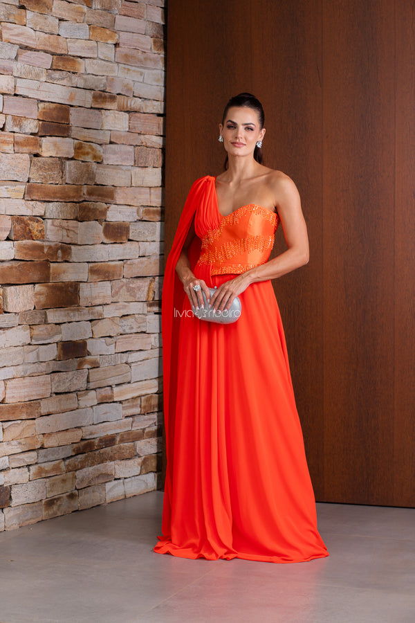 Vestido um ombro bordado raios busto e cintura | Lívia Ribeiro