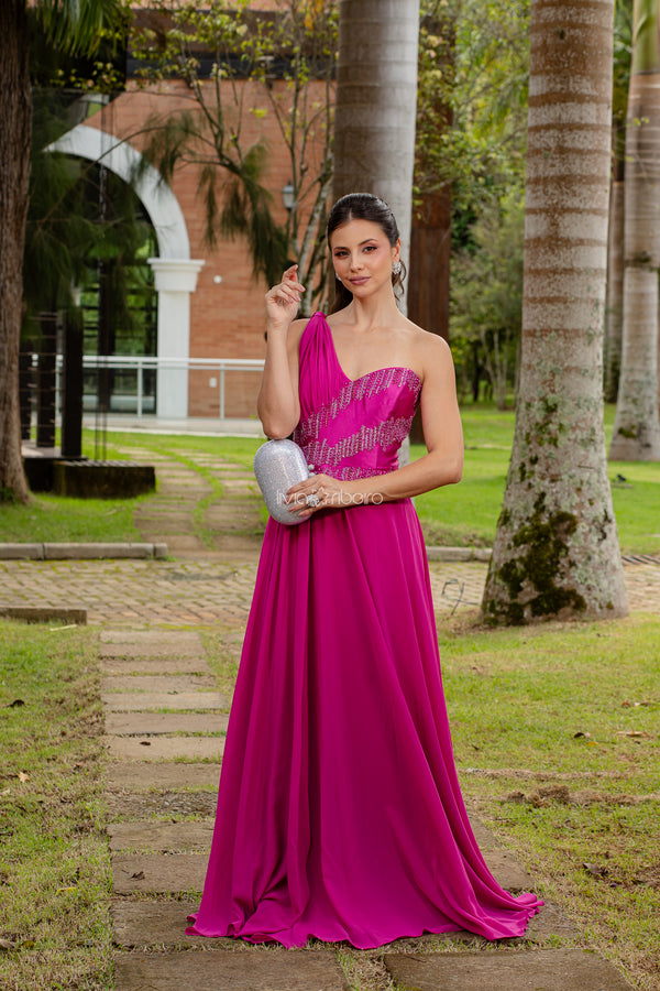 Vestido um ombro bordado raios busto e cintura | Lívia Ribeiro