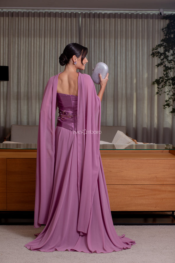 Vestido corset corpo em zibeline e saia em crepe de seda