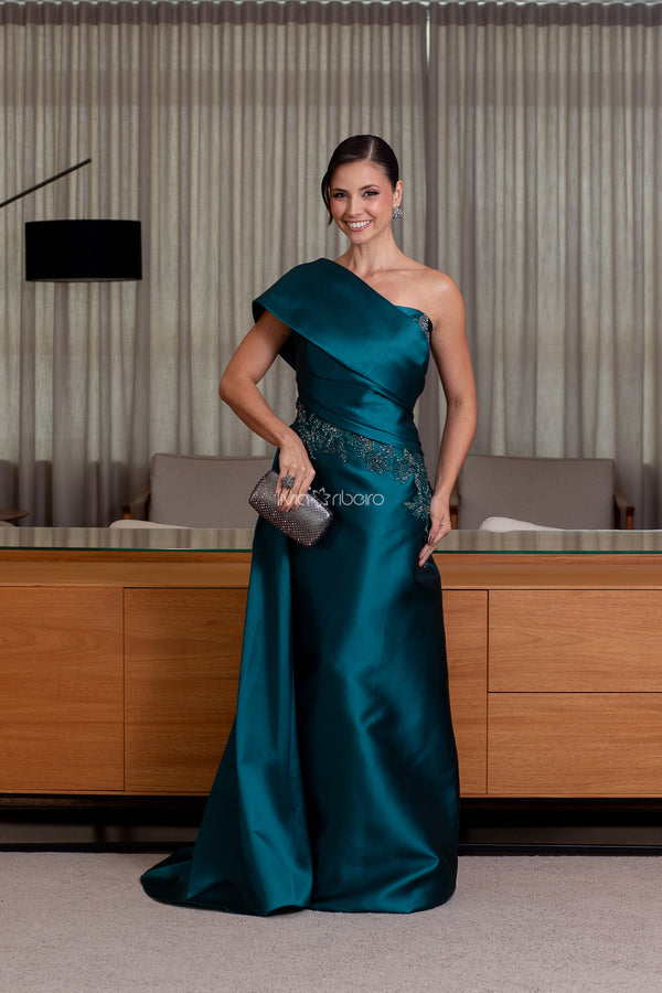 Vestido Verde Petróleo em Zibeline de Um Ombro com Bordado