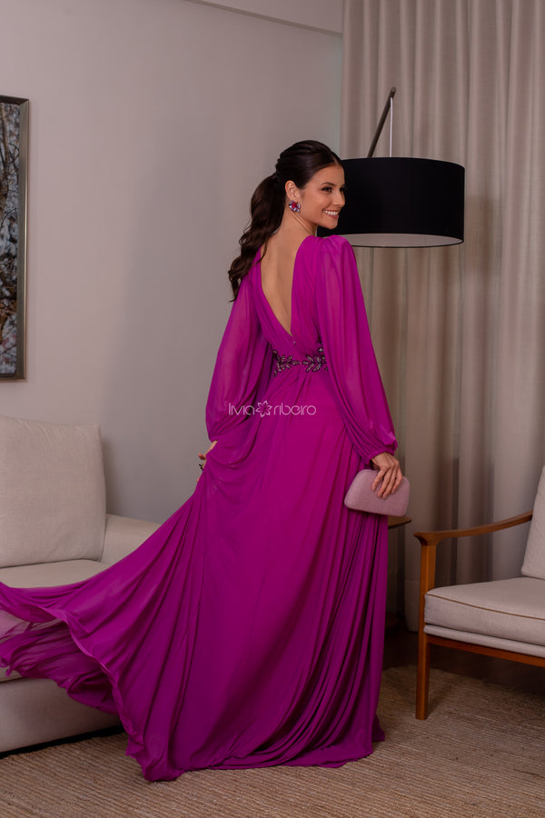 Vestido Lívia Ribeiro manga longa e bordado flores na cintura (DISPONÍVEL EM 30 DIAS)