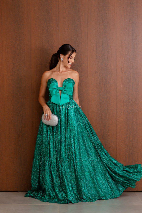 Vestido tomara que caia tule brocado e zibeline | Lívia Ribeiro
