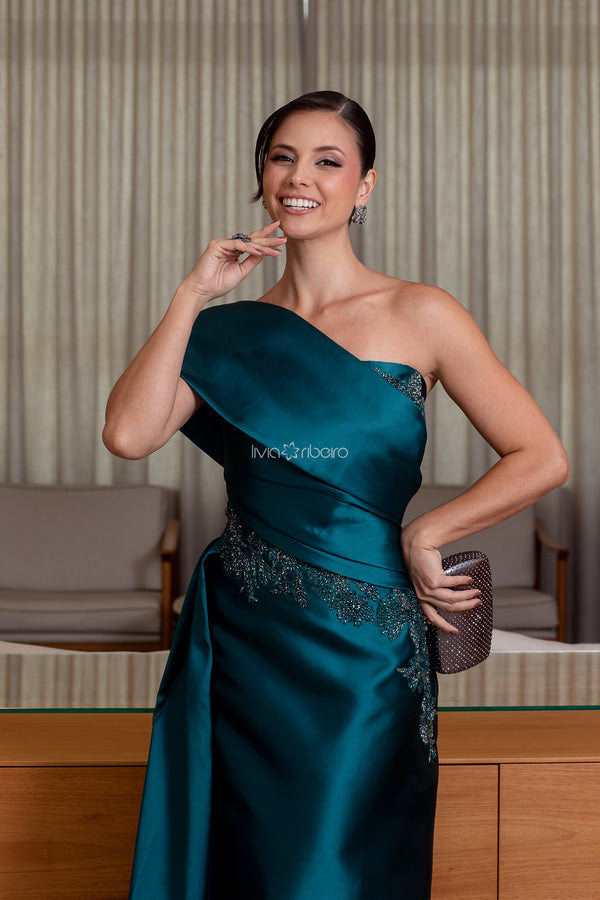 Vestido Verde Petróleo em Zibeline de Um Ombro com Bordado
