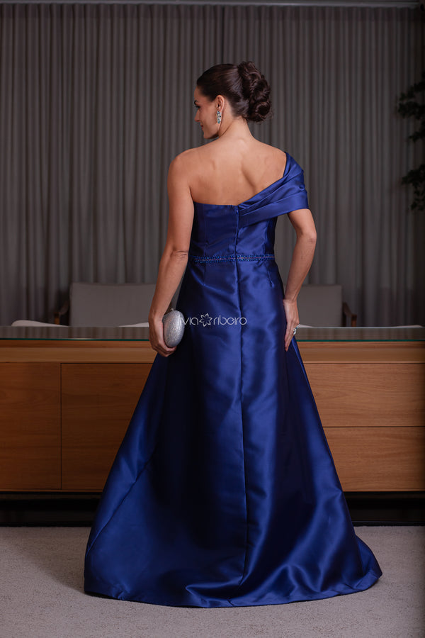 Vestido zibeline um ombro com flor e bordado