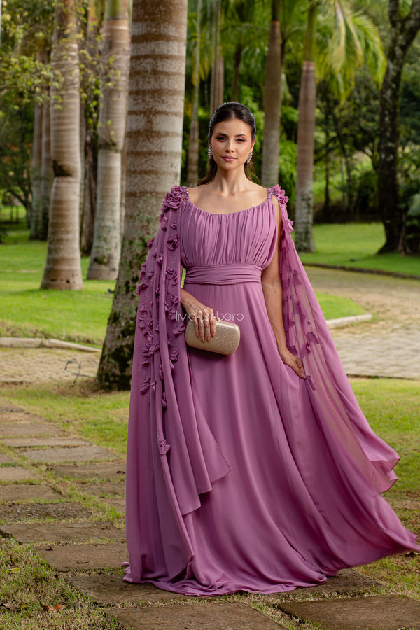 Vestido longo manga tipo capa com bordado em flores e pedraria | Lívia Ribeiro