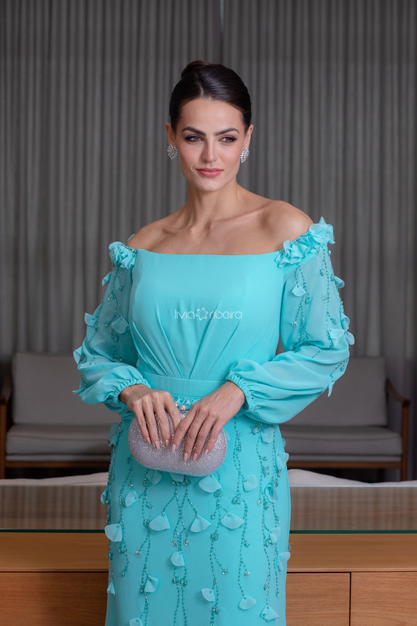 Vestido longo ombro a ombro  amarelo com bordado em pétalas e pedraria