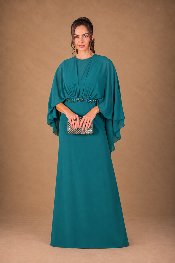 Vestido verde petróleo em crepe com toque de seda com gola canoa e cinto na cintura