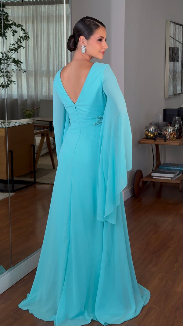 Vestido decote V bordado lateral cintura e manga flare