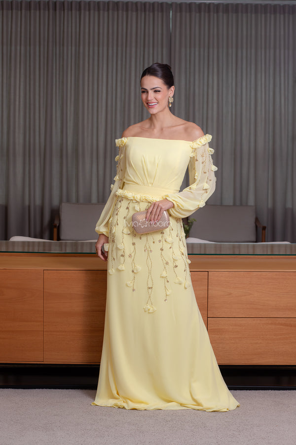 Vestido longo ombro a ombro  amarelo com bordado em pétalas e pedraria