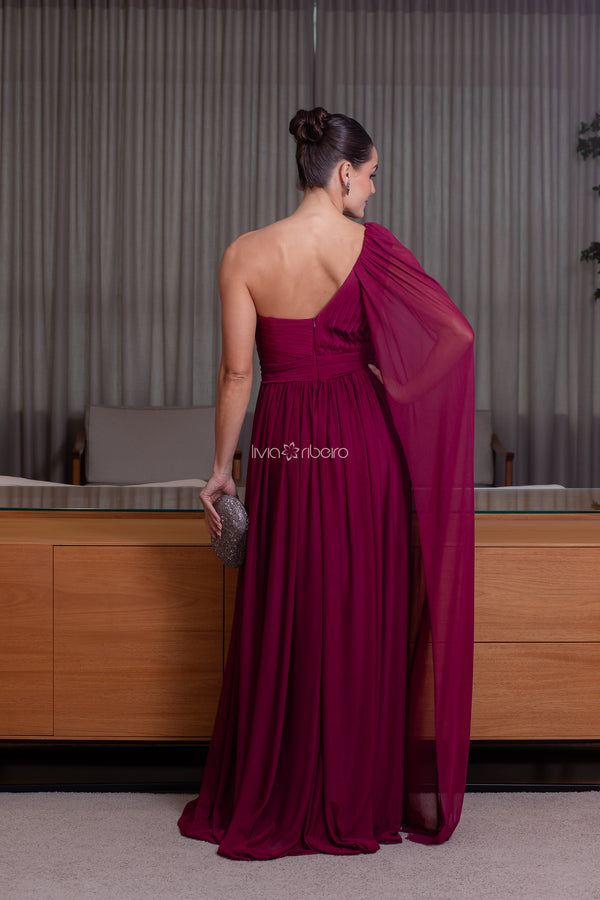 Vestido Lívia Ribeiro drapeado busto e bordado cintura de um ombro