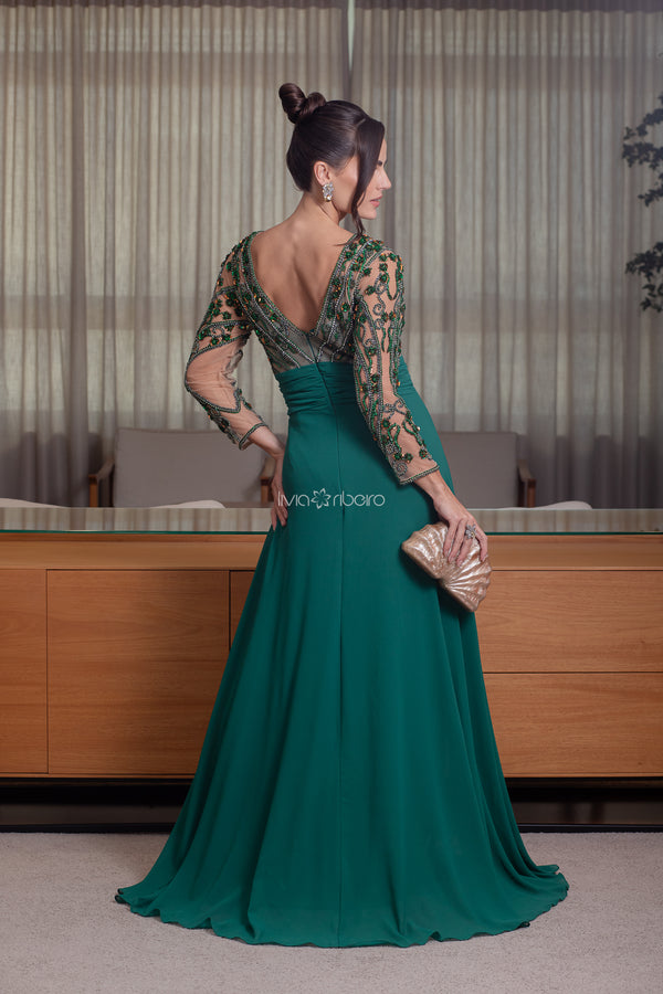 Vestido Lívia Ribeiro manga 3/4 corpete em tule todo bordado (Disponível em 30 dias úteis)