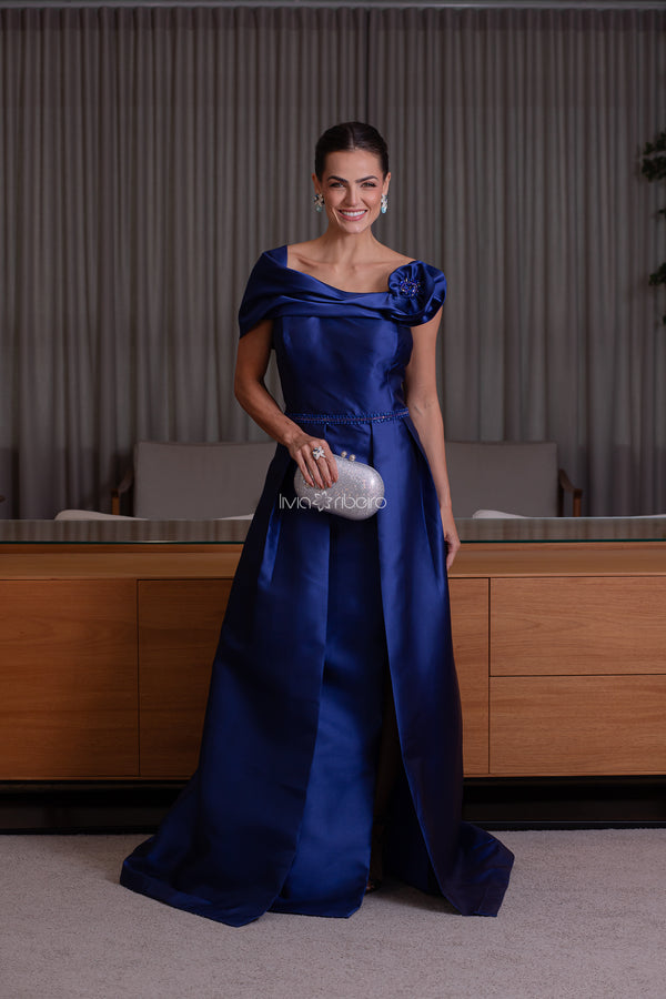 Vestido zibeline um ombro com flor e bordado