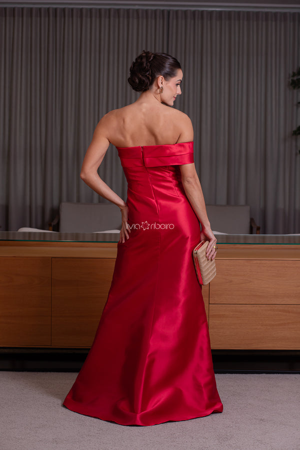 Vestido zibeline um ombro com babado e bordado