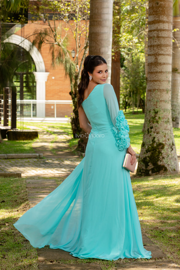 Vestido longo um ombro com manga flare e babados na ponta | Lívia Ribeiro