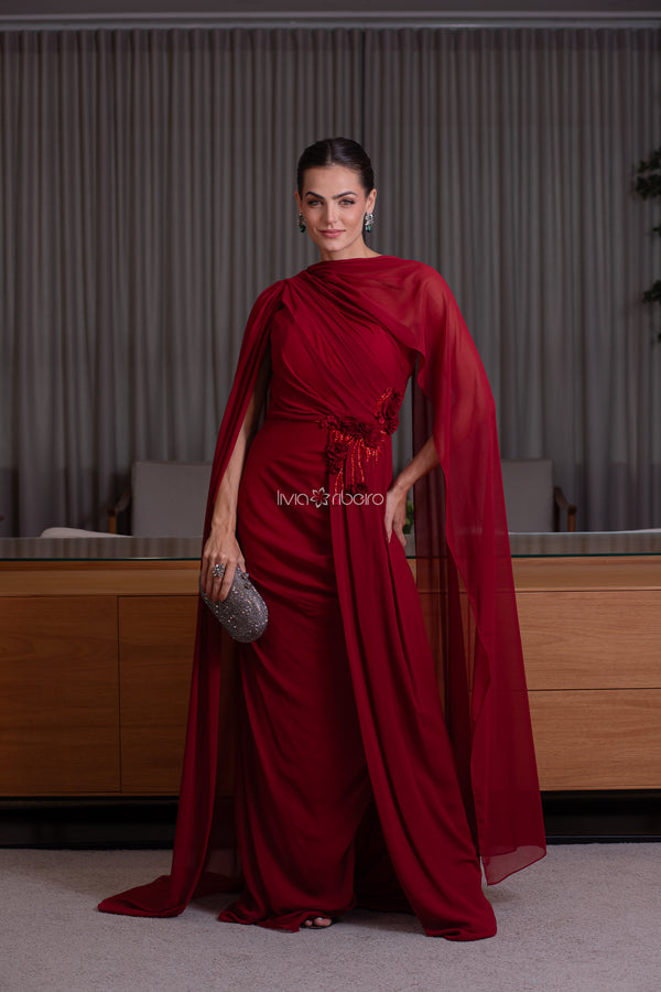 Vestido Lívia Ribeiro um ombro busto drapeado e flores na cintura