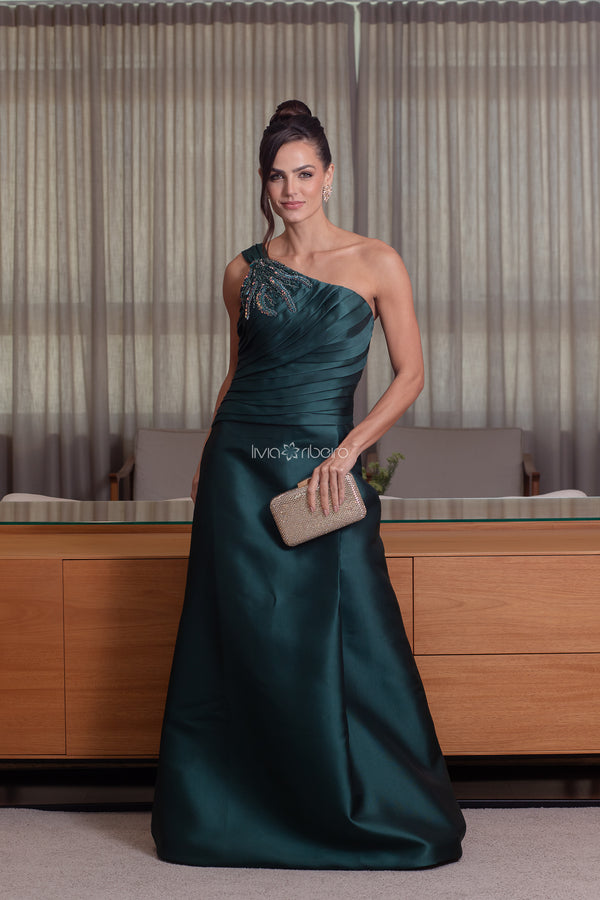 Vestido em zibeline um ombro com bordado