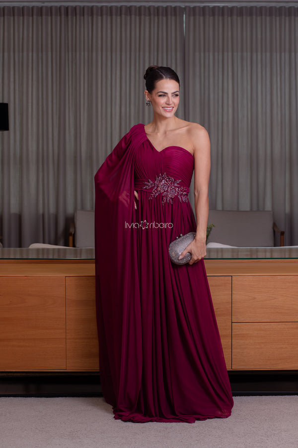 Vestido Lívia Ribeiro drapeado busto e bordado cintura de um ombro