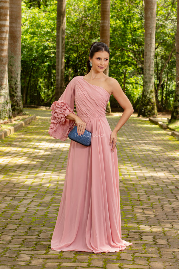 Vestido longo um ombro com manga flare e babados na ponta | Lívia Ribeiro