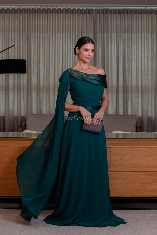 Vestido longo um ombro em crepe de seda com detalhe em zibeline e bordado | Lívia Ribeiro