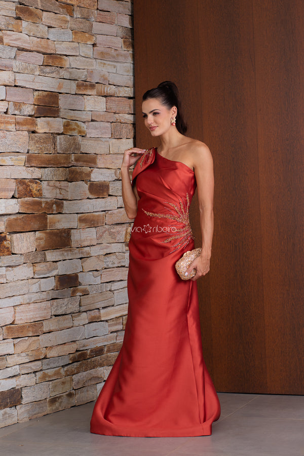 Vestido em alfaiataria um ombro só com detalhe em laço bordado