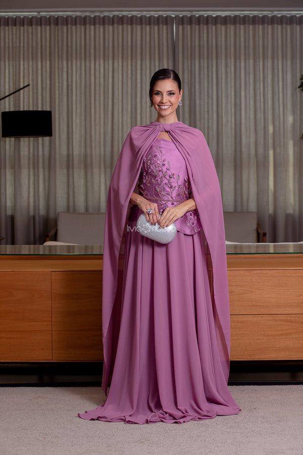 Vestido corset corpo em zibeline e saia em crepe de seda