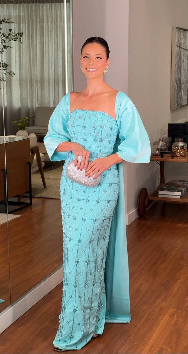 Vestido Azul Tiffany Longo Bordado em Pedrarias com Capa Laço