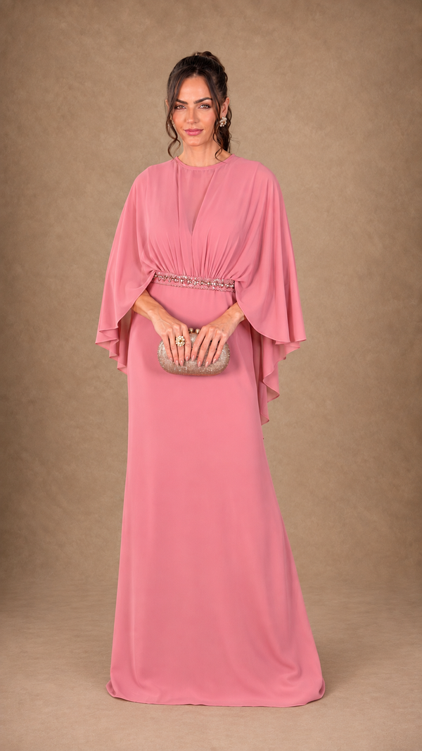 Vestido rosa antigo em crepe com toque de seda com gola canoa e cinto na cintura