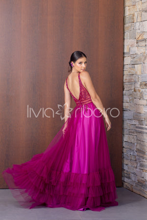 VESTIDO BUSTO BORDADO EM TULE FÚCSIA (DISPONÍVEL EM 30 DIAS) - Lívia Ribeiro