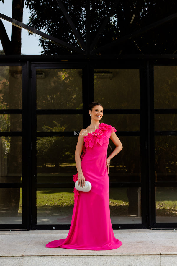 Vestido Lívia Ribeiro um ombro com capa flores frente e costas (DISPONÍVEL EM 30 DIAS ÚTEIS)