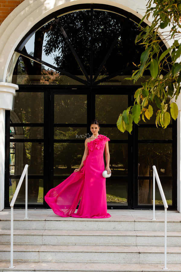 Vestido Lívia Ribeiro um ombro com capa flores frente e costas (DISPONÍVEL EM 30 DIAS ÚTEIS)