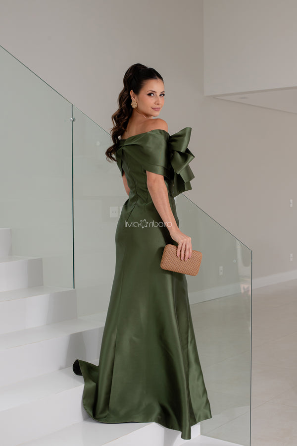 VESTIDO SEREIA ZIBELINE DECOTE OMBRO A OMBRO COM LAÇO