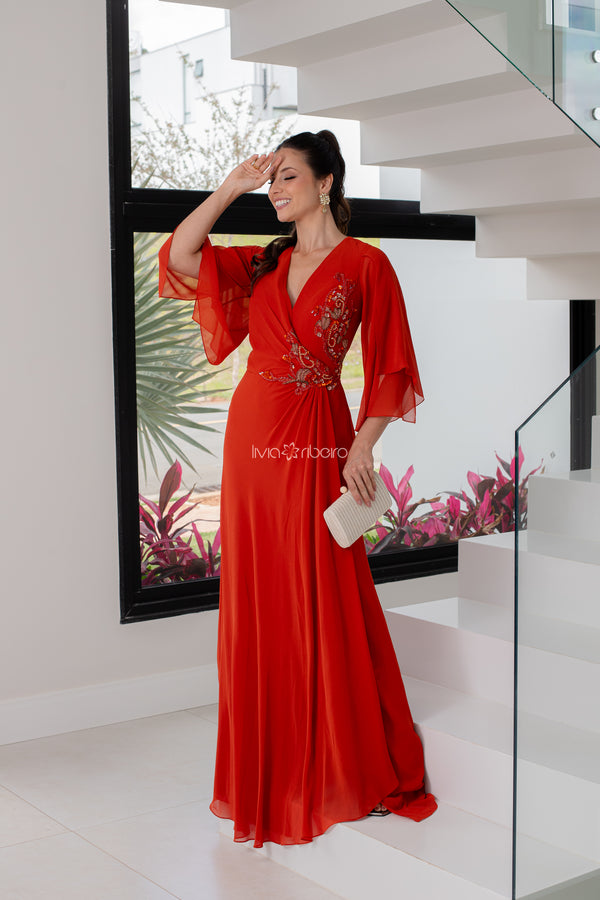 VESTIDO EM CREPE DE SEDA MANGA FLARE CURTA